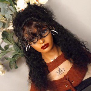 18in curly water wave 13x6 lace frontal  human hair wig with bangs